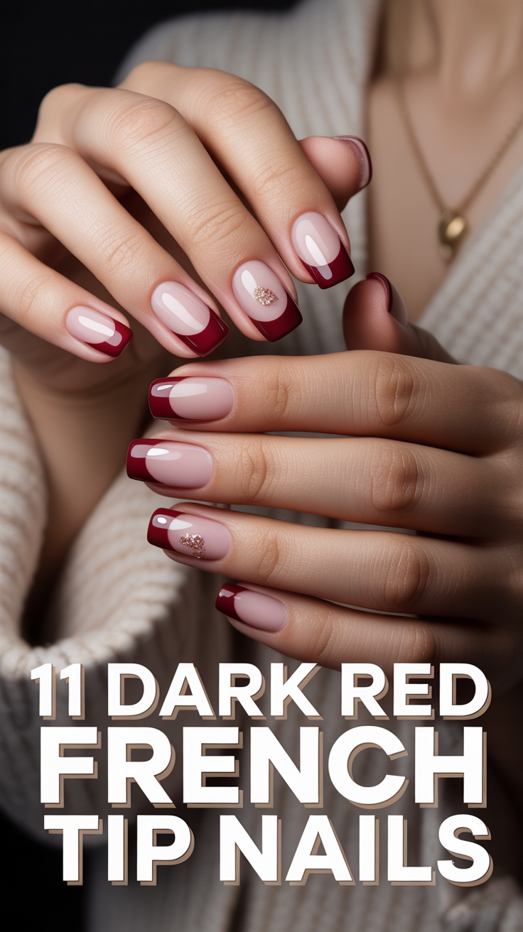 🍷 11 Dark Red French Tip Nails